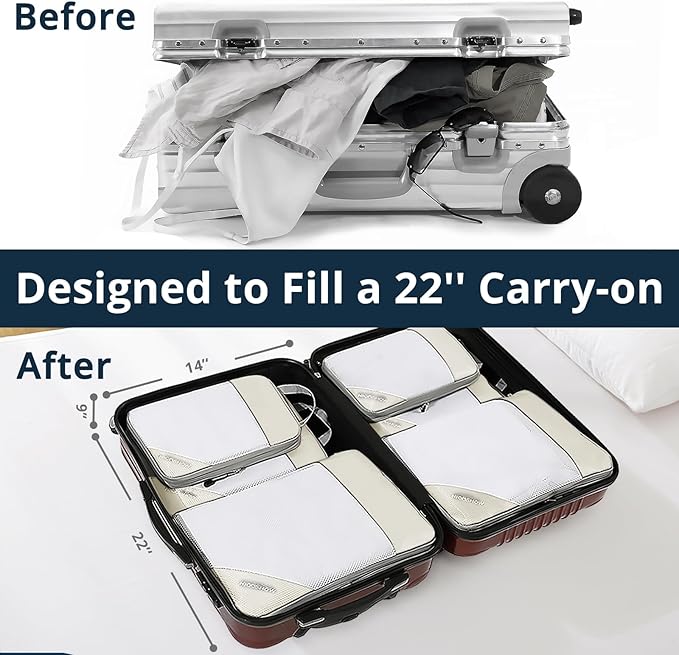 Compression Packing Cubes 3 Set, Compressible Space-Saving Packing Cubes for Travel - Compression Bags, Luggage Organizer, Travel Essentials for Women, Beige