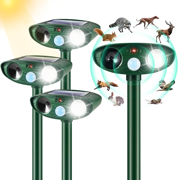 2025 Upgraded Solar Animal Repellent,4 Pack Cat Repellent Outdoor with Motion Sensor & Flashing Light,Ultrasonic Control for Squirrel Deer Raccoon Rabbit Skunk Dog Coyote Deterrent for Yard Garden