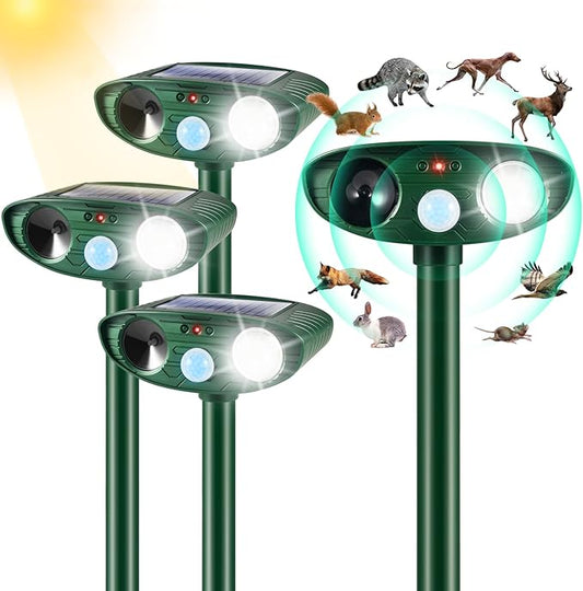 2025 Upgraded Solar Animal Repellent,4 Pack Cat Repellent Outdoor with Motion Sensor & Flashing Light,Ultrasonic Control for Squirrel Deer Raccoon Rabbit Skunk Dog Coyote Deterrent for Yard Garden
