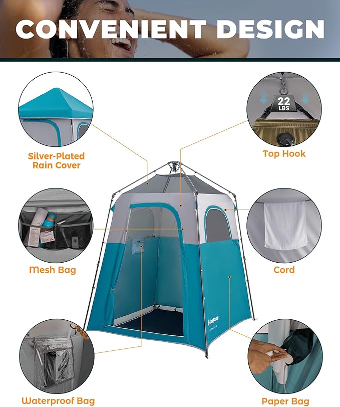 KingCamp Camping Shower Tent, Instant Portable Privacy Shelter, 1/2 Room Large Outdoor Toilet Tent with Floor, Water-Resistant, Windproof & Easy Setup for Beach, Camping & Hiking