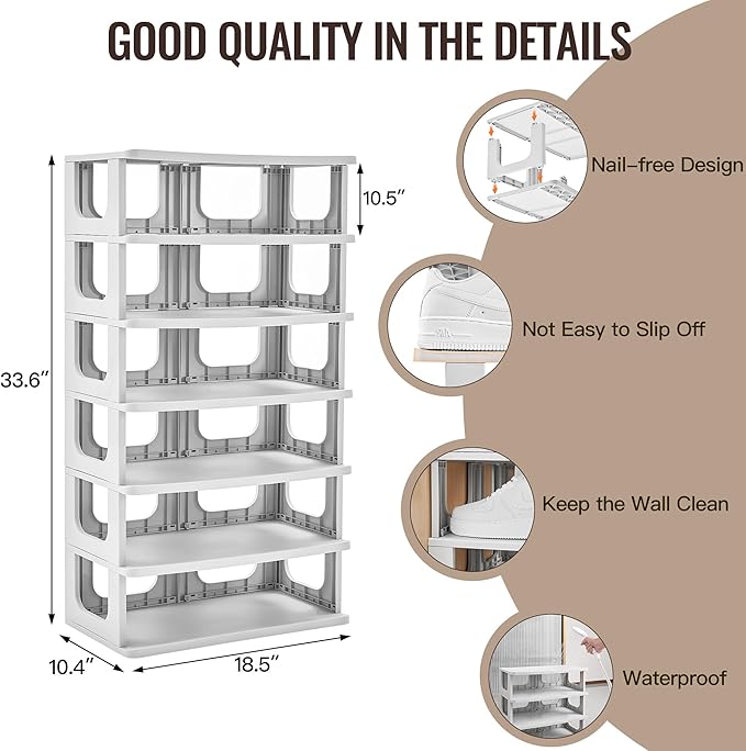 TRZZ 7-Tier Small Shoe Rack, Vertical Narrow Stackable Organizer with Removable Partition, Efficient Shoe Storage for Closet, Entryway, and Small Spaces (Grey)