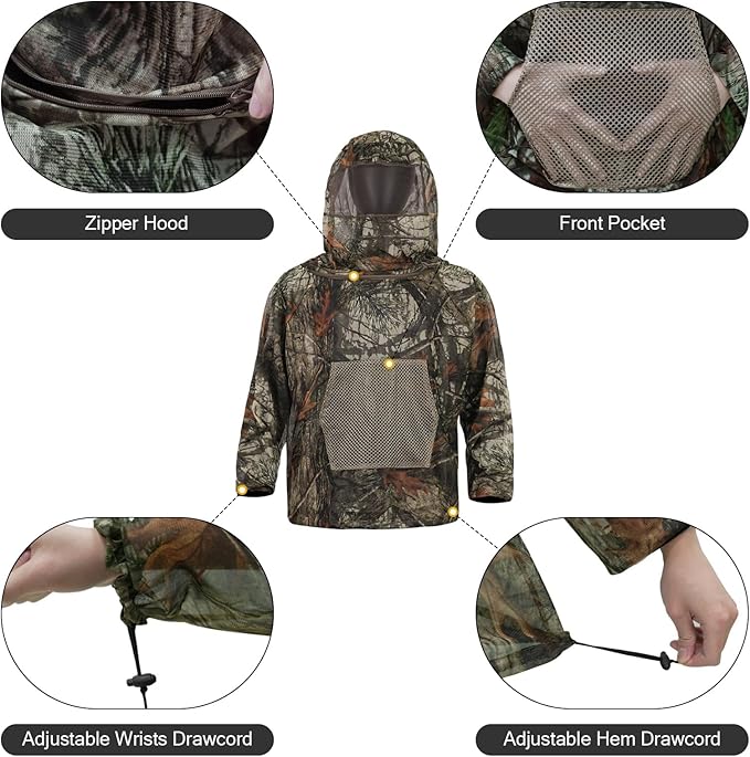 Mosquito Net Suit Camo Hunting Mesh Suit Bug Net Clothing with Hood for Outdoor Protection No-See-Ums Garden Camping