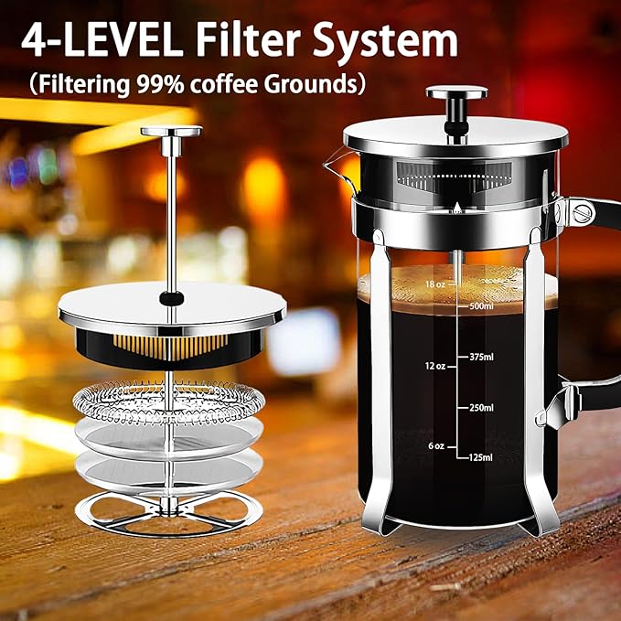 French Press Coffee Maker 304 Stainless Steel Coffee Press,with 4 Filters System, Heat Resistant Thickness Borosilicate French Press Glass, BPA-Free Brewed Tea Pot Coffee Plunger(Copper 12oz)