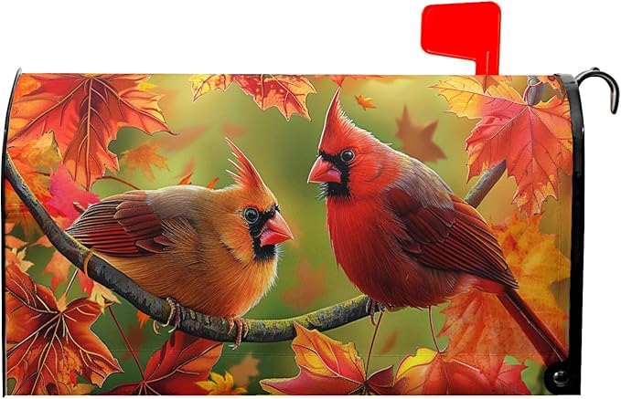 Autumn Bird Mailbox Cover Magnetic Large Size 25.5x21 Inch Fall Red Birds with Maple Leaves Mailbox Covers Happy Holiday Thanksgiving Mailbox Post Cover Decor Letter Box Wraps for Outdoor Garden Yard