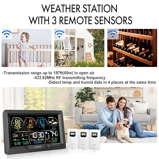 Uzoli EM3390 7.5" Weather Station, Weather Station Wireless Indoor Outdoor Thermometer, Digital Weather Stations 3 Sensors with Atomic Clock, Barometer, Moon Phase, Large Screen Monitor for Home Use