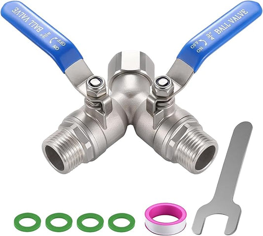 304 Stainless Steel Garden Hose Splitter 2 Way Heavy Duty, Full Flow Y Valve Water Hose Splitter With Long Handle, Lead-free，3/4" GHT Thread