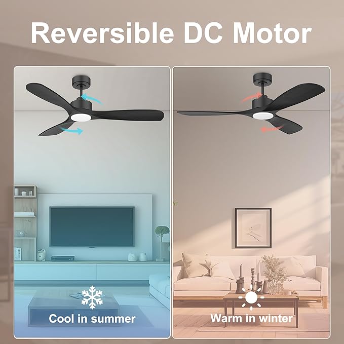 52” Wood Smart Ceiling Fans with Lights Remote,Quiet DC Motor,Outdoor Indoor Ceiling Fan,Voice Control via WIFI Alexa App,Dimmable,Modern Black Ceiling Fan for Bedroom Patio Porch