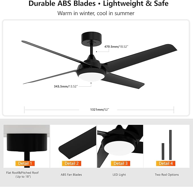 52 Inch Ceiling Fan with Light and Remote, 4 Blades, Quiet DC Motor, Reversible Fan with Dimmable LED Light, for Bedroom Living Room, Black