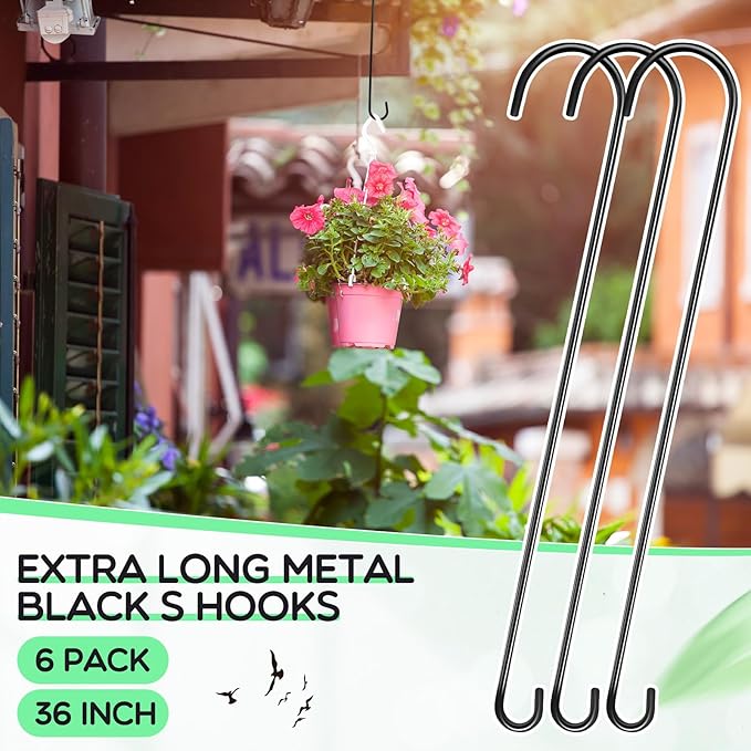 6 Pack 36 Inch Large S Hooks for Hanging Plants Black Metal Plant Hanger Long Outdoor Hanging Tree Hooks for Tree Branch, Bird Feeder, Basket, Lantern, Indoor Closet, Garden
