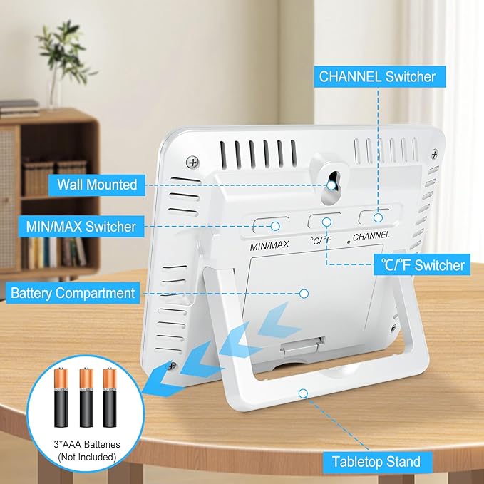 Urageuxy Indoor Outdoor Thermometer Wireless Weather Station with Temperature and Humidity Monitor Digital Hygrometer with 3 Remote Sensors, Min/Max Record,℃/℉ Switcher, Backlight, White