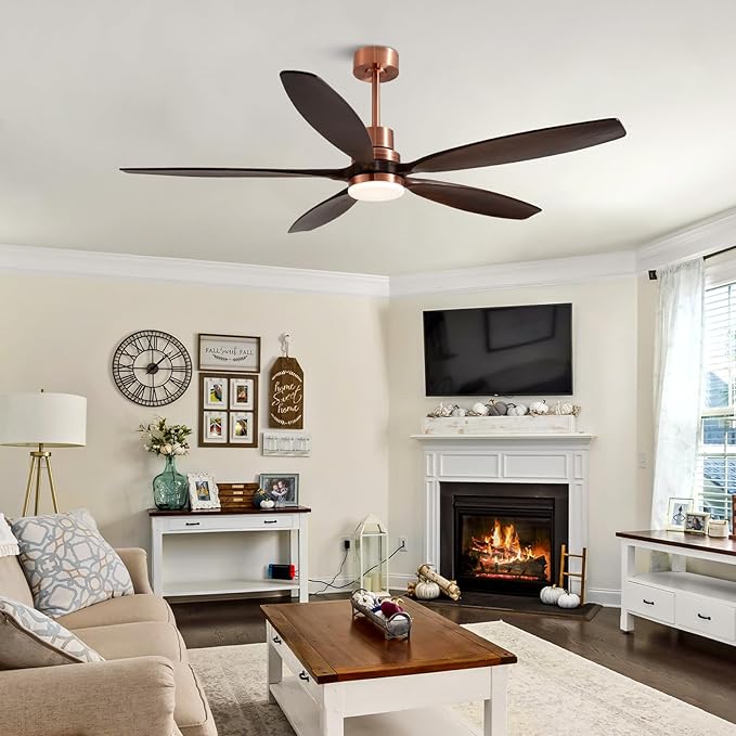 60" Ceiling Fan with Light and Remote,Reversible DC Motor,6Speed,Modern Natural Wood Ceiling Fan with Dimmable LED for Outdoor Patios Bedroom Living Room,Black Walnut and Red Brass