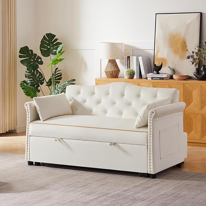 58" Velvet Sofa Bed, 3-in-1 Convertible Pull-Out Sleeper Sofa & Couch with Storage Bag and Adjustable Backrest,Perfect for Small Spaces, Living Room, or Office