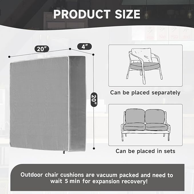 PNP FKJP 2 Pack Outdoor Chair Cushion 20" X 20" X 4", Waterproof Outdoor Seat Cushions with Non-Skid Ties,Grey (Cushion + Cover)