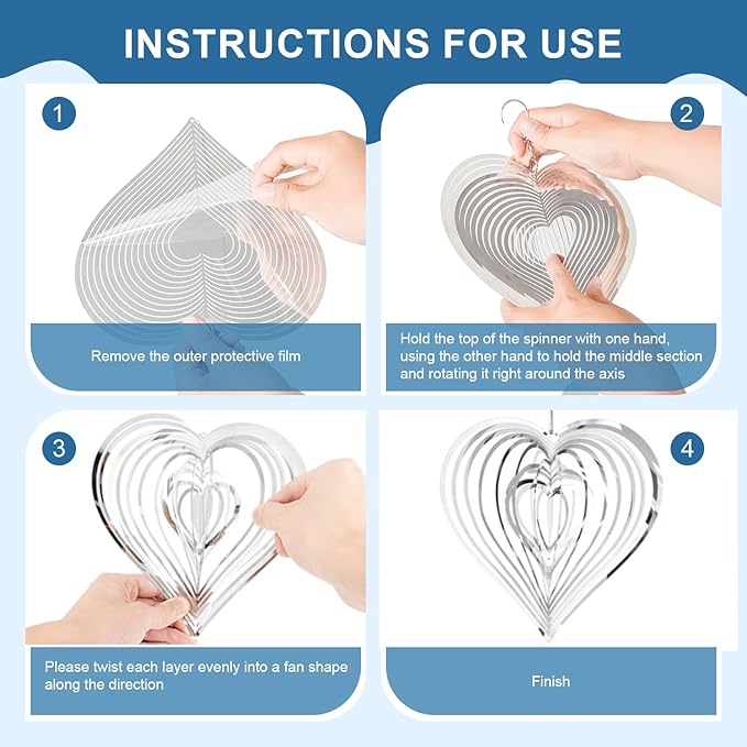 13in Wind Spinners Outdoor Silver Heart Metal Wind Spinners for Yard and Garden, Stainless Steel Hanging Wind Chimes for Outside Patio Art Decor Whirligig Gifts for Mom Gramother