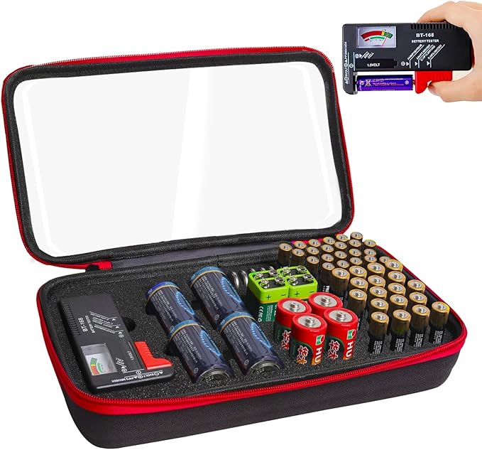 Battery Organizer Storage Case with Tester,Clear Batteries Storage Organizers Holds, Just The Right Size Slot with stable handle,Holds 57 Batteries Various Sizes（Batteries are Not Included）(Red)