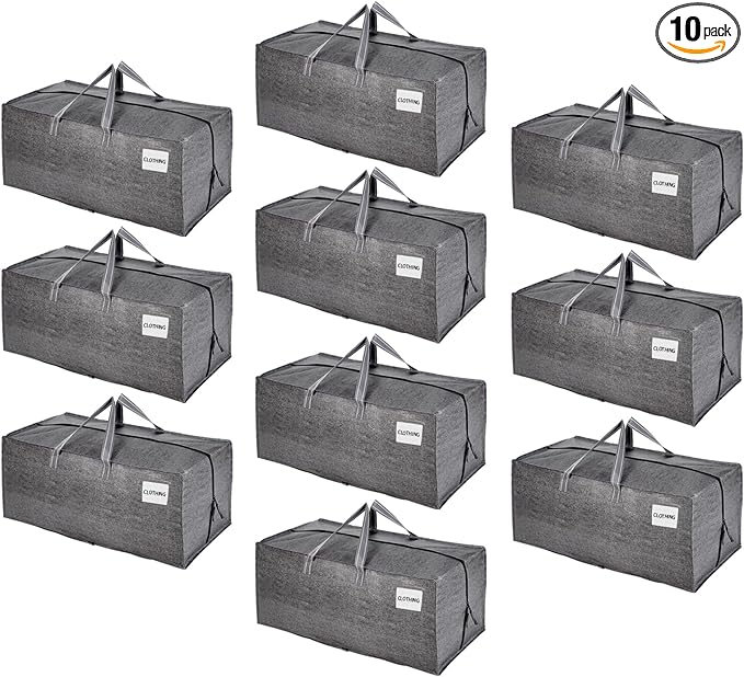 VENO 10 Pack Moving Bags w/Backpack Straps, Heavy Duty, Moving Boxes Alternative, Packing Supplies, Large Storage Totes for Dorm Room Essentials with Zipper for Clothes (Gray, 10 Pack)