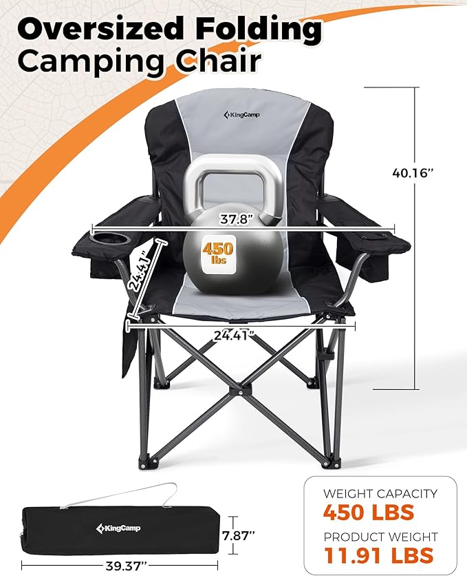 KingCamp Oversized Camping Folding Chair, Heavy Duty 450 LBS with Lumbar Support, Padded seat with Cup Holder&Cooler Bag, Ideal for Camp, Fishing, Sports Event, Backyard, Patio, Lawn