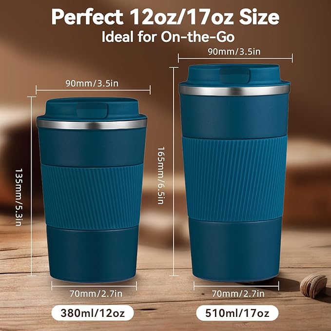 17OZ Travel Coffee Mug Insulated Coffee Cup with Spill Leak Proof Lid, Portable Stainless Steel Tumbler Reusable Hot and Cold Water Mug for Car, Daily, Camping- Blue