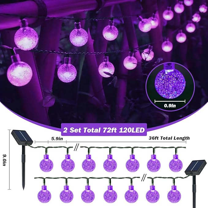 Solar Lights Outdoor Waterproof, 2 Pack Total 120LED 72FT Solar String Lights for Outside with 8 Modes, Outdoor String Lights Crystal Globe Patio Lights for Garden Yard Party Decor (Purple)