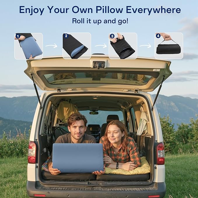 Camping Pillows for Sleeping - Memory Foam Travel Pillow 2 Heights Use - Small Travel Pillow for Camping, Hiking, Backpacking with Storage Bag (Blue)