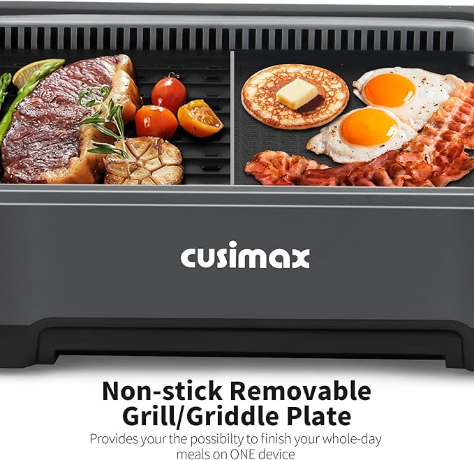 CUSIMAX Smokeless Grill, Electric Indoor Grill, 1500W Korean BBQ Grill with Non-stick Removable Grill/Griddle Plate, LED Smart Display & Tempered Glass Lid, Grey