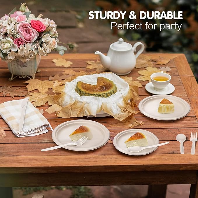 Gezond 100% Compostable Cutlery Set 150 Pack Extra Long Disposable Cutlery with 50 Forks 50 Spoons 50 Knives 7 Inch No Plastic Biodegradable Utensils for Party Wedding Camping Office Picnic