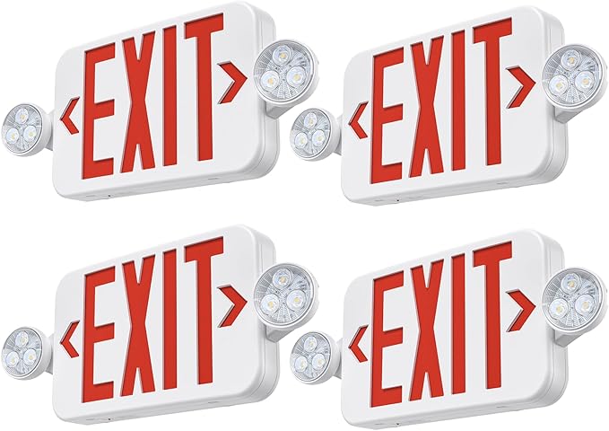 Emergency Exit Sign Lights Combo With Battery Backup, Double Sided Hardwired 6 LEDs, Adjustable Heads Red Lighting Ceiling/Wall Mount, UL Listed, AC 120/277V (4 Pack)
