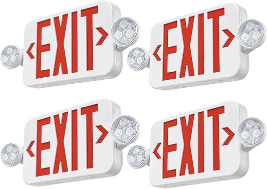 Emergency Exit Sign Lights Combo With Battery Backup, Double Sided Hardwired 6 LEDs, Adjustable Heads Red Lighting Ceiling/Wall Mount, UL Listed, AC 120/277V (4 Pack)