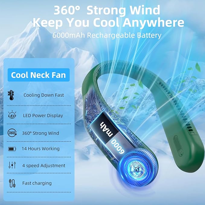 Portable Neck Fan,Gift Ideas,Personal Wearable Bladeless Fan,360° Cooling,LED Display,4-Speeds,6000mAh Rechargeable,Powerful Wind,Outdoor Travel Camping,Birthday Gifts for Men Women (Dark green)