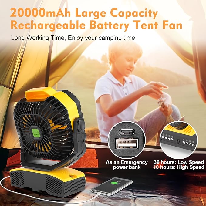 RUNTOP 20000mAh Oscillation Camping Fan, Remote Control Rechargeable Battery Operated Outdoor Tent Fan w/Hanging Hook, Portable Personal USB Desk Fan for Camping, Jobsite Tent Travel Beach Bedroom