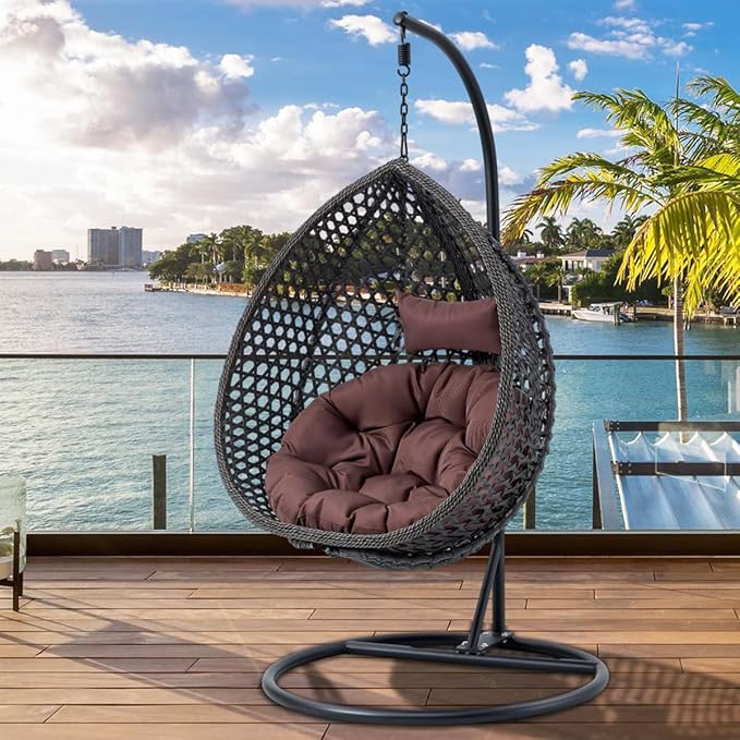 JUFU Egg Swing Chair with Stand,Hanging Egg Chair Indoor Outdoor,Hammock Hanging Basket Chair with Aluminum Steel Frame，Patio Egg Chair with Removable Cushions for Patio Balcony Backyard,Bedrooms