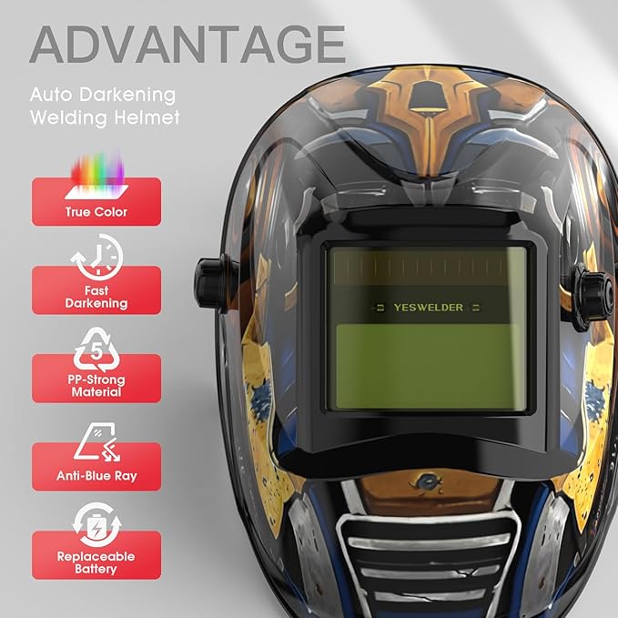 YESWELDER Auto Darkening Welding Helmet, Blue Light Blocking, 1/1/1/1 True Color Solar Powered Welding Hood with 2 Arc Sensors, Wide Shade 3.5/9-13 Welder Mask for TIG MIG ARC and Grind