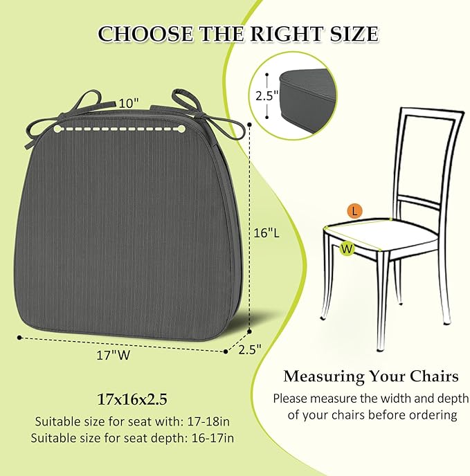 Chair Cushions for Dining Chairs, Indoor Chair Cushions with Ties，Waterproof Chair Pads Set of 6, Dark Grey, 17x16x2.5 Inch