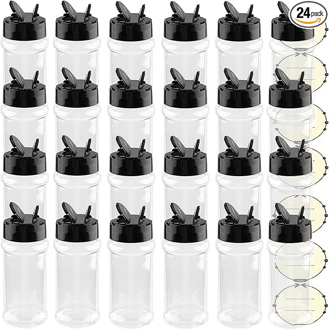 TUZAZO 3 oz Plastic Spice Jars with Shaker Lids and Labels, 24 Pcs Clear Empty Spice Bottles Seasoning Containers for Spice, Herbs and Seasoning Powders