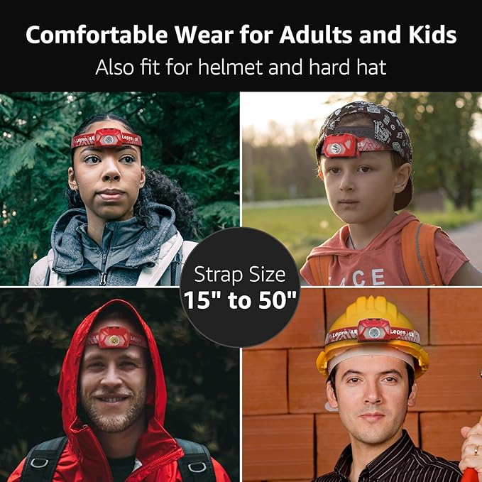 Lepro 320015 Battery Powered Headlamp - 1300Lux Super Bright LED Head Lamp with Red Light, IPX4 Waterproof Headlights for Outdoor Camping, Hiking, Hunting, Power Outages, Emergency, Hurricane - Red