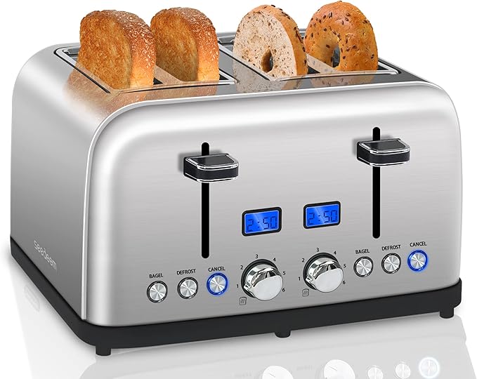 SEEDEEM Toaster 4 Slice, LCD Display, 6 Shade Settings, 1.5'' Wide Slots, Digital Stainless Toaster for Bagel, Defrost, Reheat, Dual Control, Removable Crumb Tray, 1500W, Silver Metallic