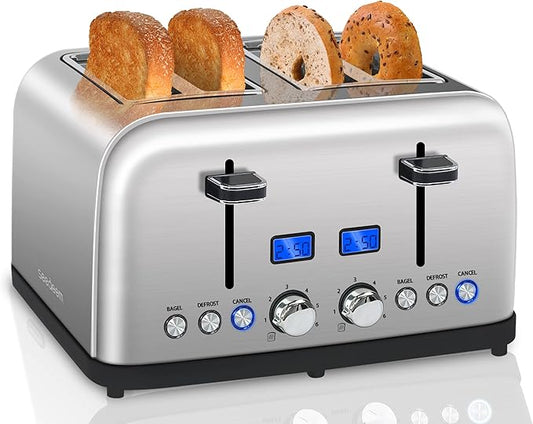 SEEDEEM Toaster 4 Slice, LCD Display, 6 Shade Settings, 1.5'' Wide Slots, Digital Stainless Toaster for Bagel, Defrost, Reheat, Dual Control, Removable Crumb Tray, 1500W, Silver Metallic