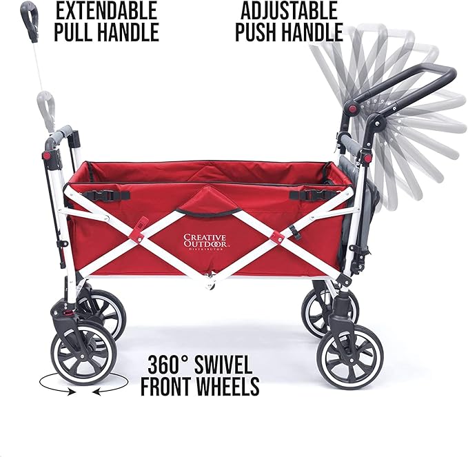 Creative Outdoor Push Pull Collapsible Stroller Wagon for Kids with Canopy,150lbs Weight Capacity, Folding Cart, Titanium Series Plus, Beach, Park, Garden (Red & Grey)