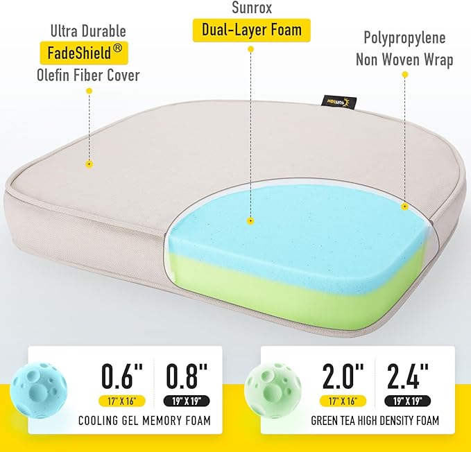 SUNROX Gel Memory Foam Chair Cushions, FadeShield Water-, Stain-Resistant Durable Reversible Seat Cushion Pads with Ties for Indoor/Outdoor Kitchen Dining Office 17"x16" Set of 2, Cream