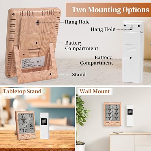 Geevon Indoor Outdoor Thermometer Wireless with 3 Remote Sensors, Digital Hygrometer Indoor Thermometer, Temperature Humidity Monitor Gauge with 200FT/60M Range (Wooden)