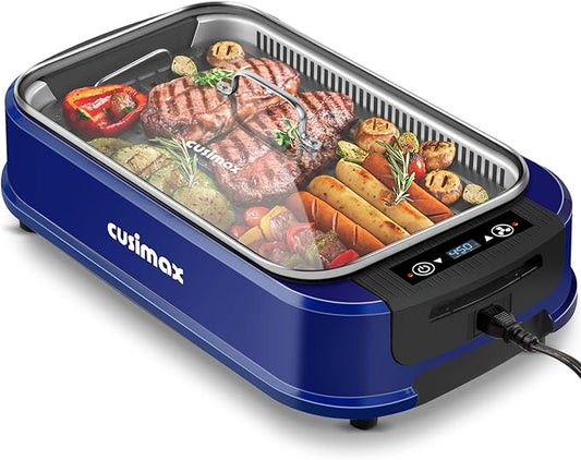 CUSIMAX Smokeless Grill, 1500W Electric Indoor Grill with LED Smart Display & Tempered Glass Lid, Non-stick Removable Plate, Blue