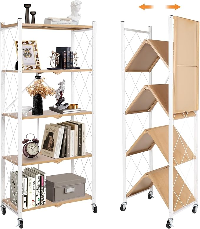 5-Tier Foldable Storage Shelves with Wheels, Folding Metal Shelf Unit, Folding Bookshelf no Assembly, Collapsible Shelves for Craft Shows for Kitchen, Bedroom, Living Room, Natural
