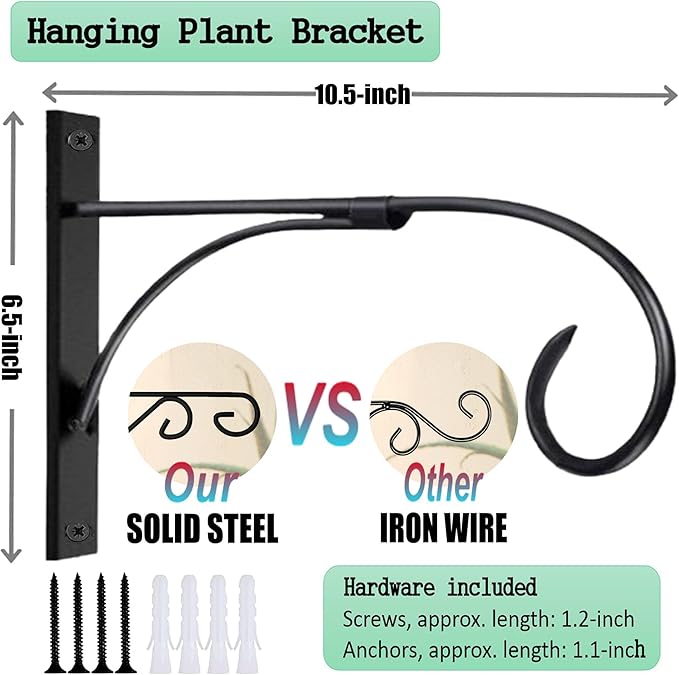 Outdoor Hanging Bracket, 10.5-inch Plant Hangers Outdoor Indoor Set of 2, Rust-Proof Metal Hanging Plant Bracket, Wall Mount Plant Hooks for Hanging Baskets Plant Lantern Bird Feeder