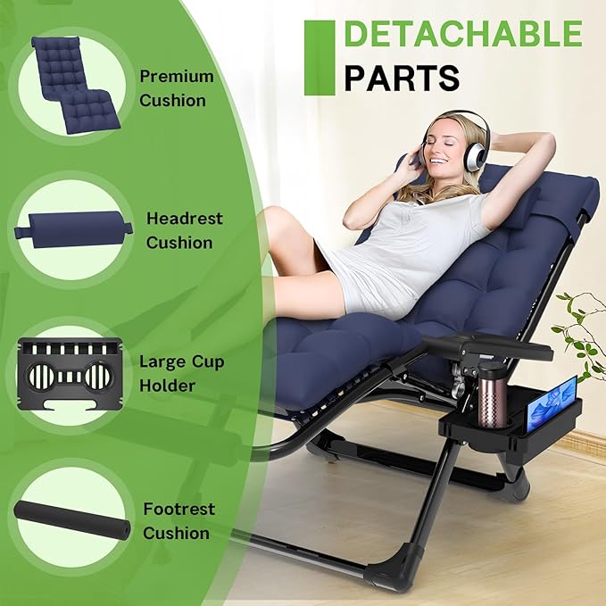 ZENPETIO 29In XL Zero Gravity Chair w/Cushion, Zero Gravity Recliner Lounge Chair for Indoor and Outdoor, Reclining Camping Chair for Lawn, Anti Gravity Chair with Cup Holder and Footrest, 440LBS