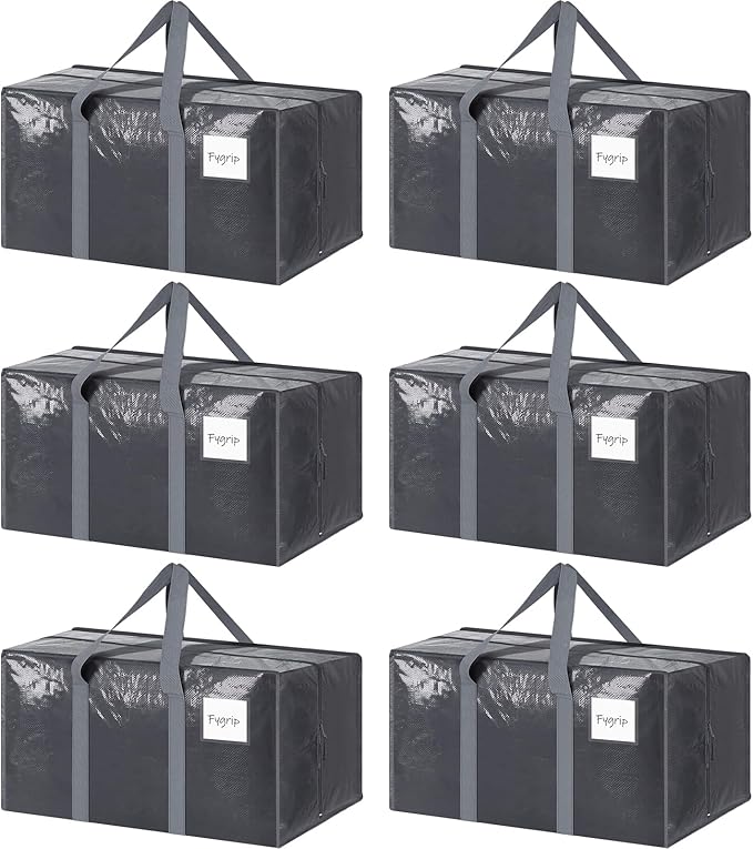 6 Pack Extra Heavy Duty Large Moving Bags with Strong Zipper & Comfortable Handles, Sturdy & Durable Clothes Storage Bags Totes Bins, Packing Moving Boxes for College Supplies, Gray