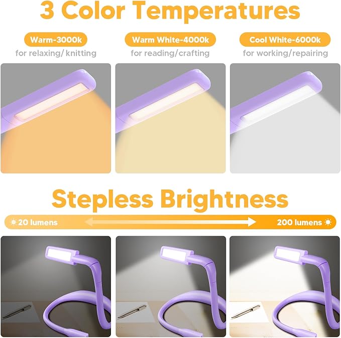 Purple Neck Light with Storage Case, 10-80Hrs Eye-friendly Book Reading Lamp, Knitting Crochet Sewing Craft Light Rechargeable Adjustable, Christmas Birthday Gifts for Book Lovers Knitters Crafters