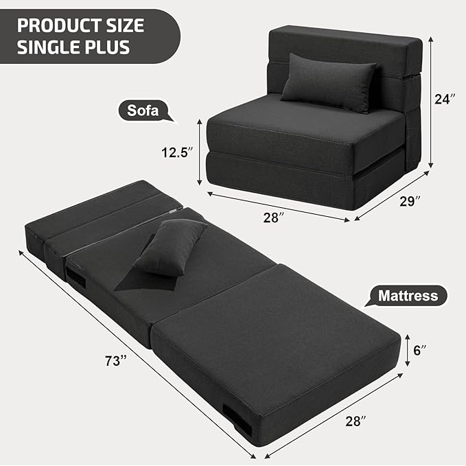 Folding Sofa Bed with Pillow- Convertible Chair Floor Couch & Sleeping Mattress, Foldable Memory Foam Sleeper for Living Room/Dorm/Guest Room/Home Office/Apartment/Loft, Single28, Dark Gray