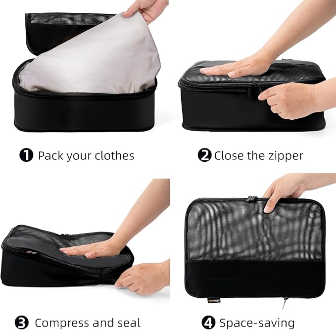 4 Piece Compression Packing Cubes for Suitcases and Backpack, Lightweight Travel Organizers (Black)