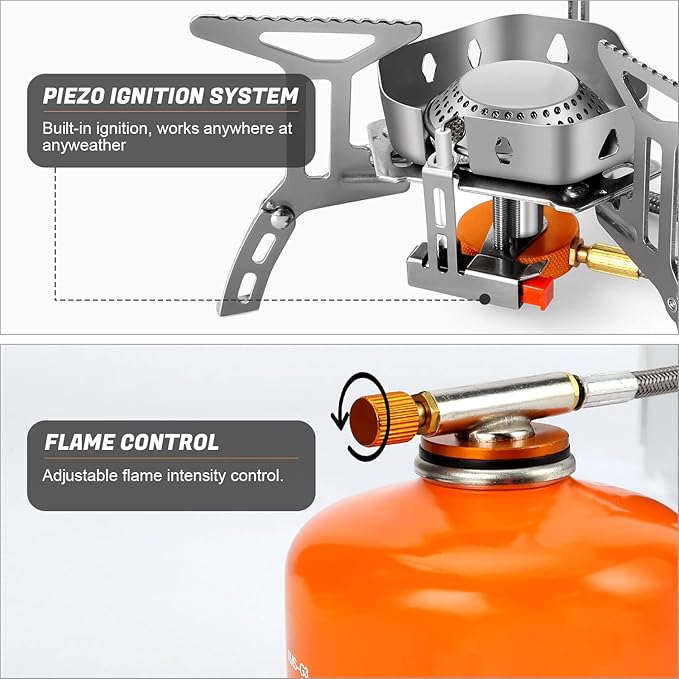 Odoland 3500W/6800W Windproof Camp Stove Camping Gas Stove with Windscreen, Fuel Canister Adapter, Piezo Ignition for Outdoor Backpacking Hiking and Picnic