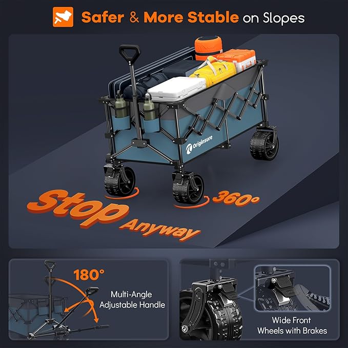 220L Collapsible Wagon Cart Foldable, 460LB Load Capacity Heavy Duty Folding Beach Wagons with Big All-Terrain Wheels, Utility Carts for Groceries, Shopping, Camping, Sports - Grey&Blue